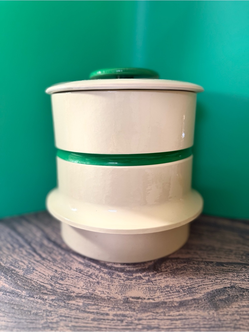 Vintage Retro Cream & Green Vinyl Ice Bucket MCM Barware - read